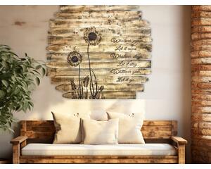 Rustic Dandelion flower wall art made from reclaimed fencing. It hangs in an entryway. A inspiration poem is written on the right.